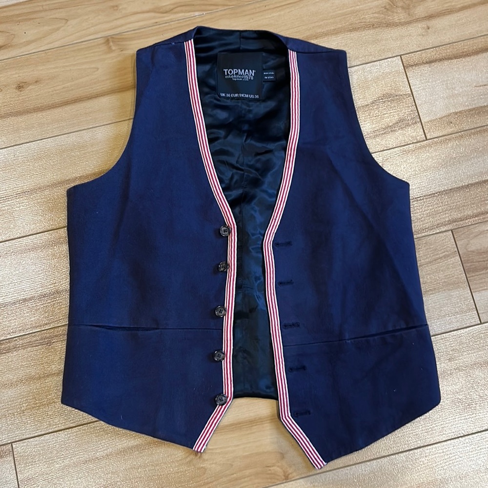 Topman button up dress vest, blue with red and white stripes